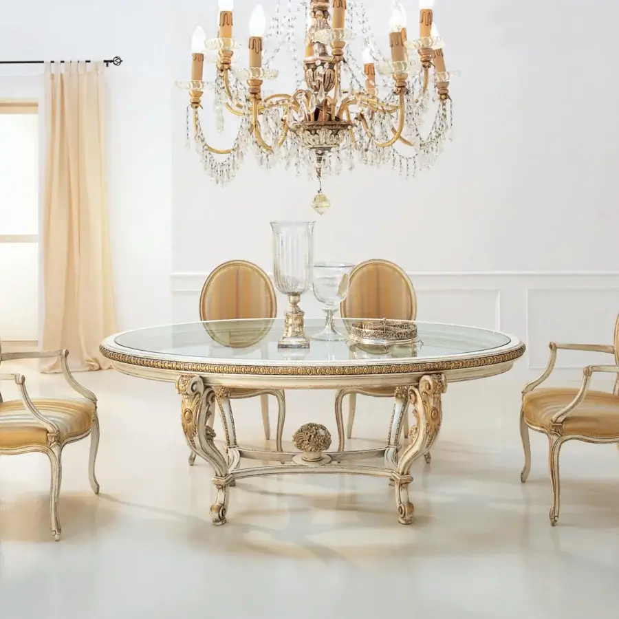 Exquisite Faber Mobili Ortensia table crafted with creamy white wood, floral details and lustrous gold-toned accents