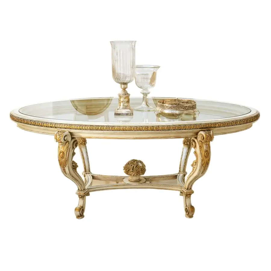 Lavish Faber Mobili Ortensia table crafted with floral motifs, off-white and gold-toned wood, plus a glass top