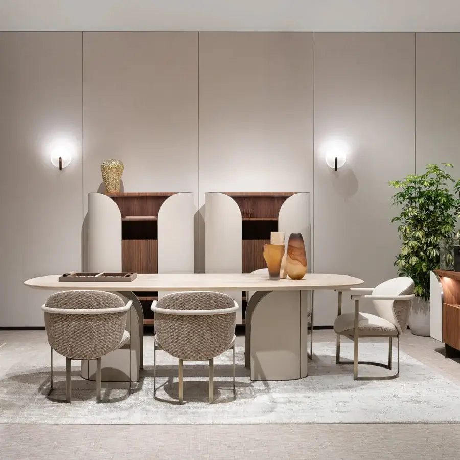Superior Capital Flora armchair with sinuous curves upholstered in light beige textile and galvanic aluminum structure