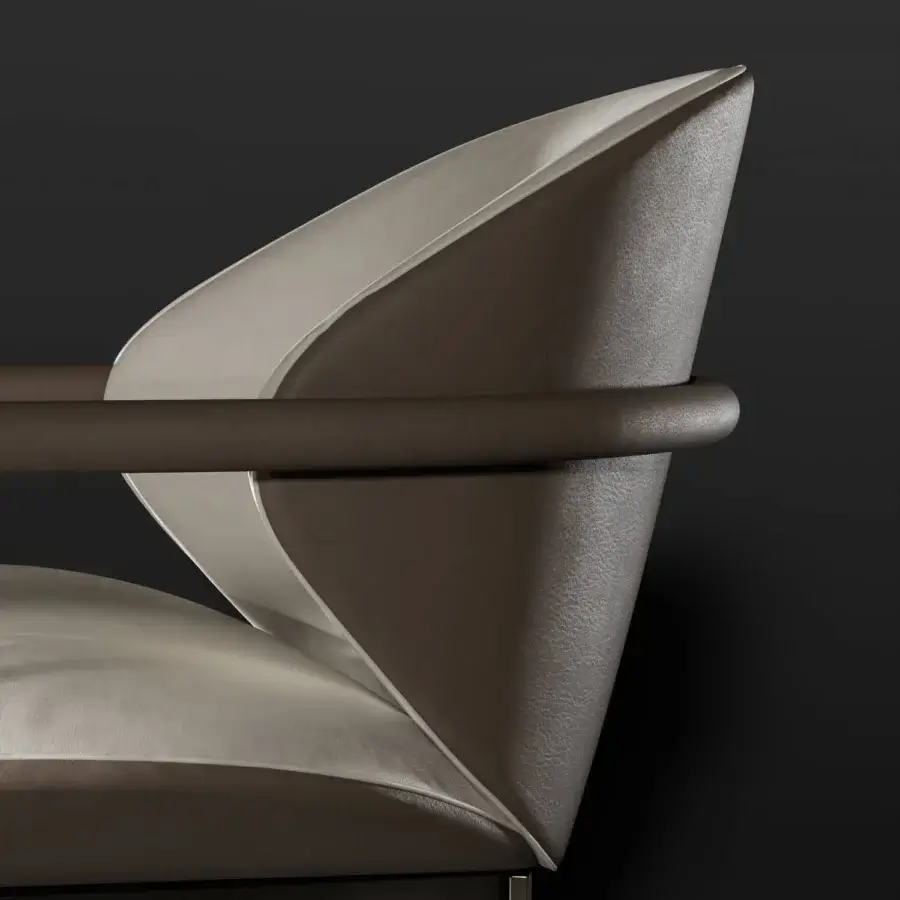Superior Capital Flora armchair with sinuous curves upholstered in muted taupe textile and galvanic aluminum base