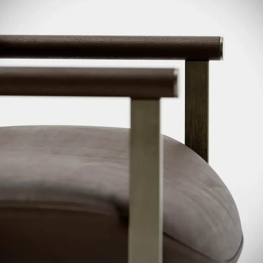 Elegant Capital Flora armchair with sinuous forms, dark brown polyurethane composite and satin-finish wood armrests
