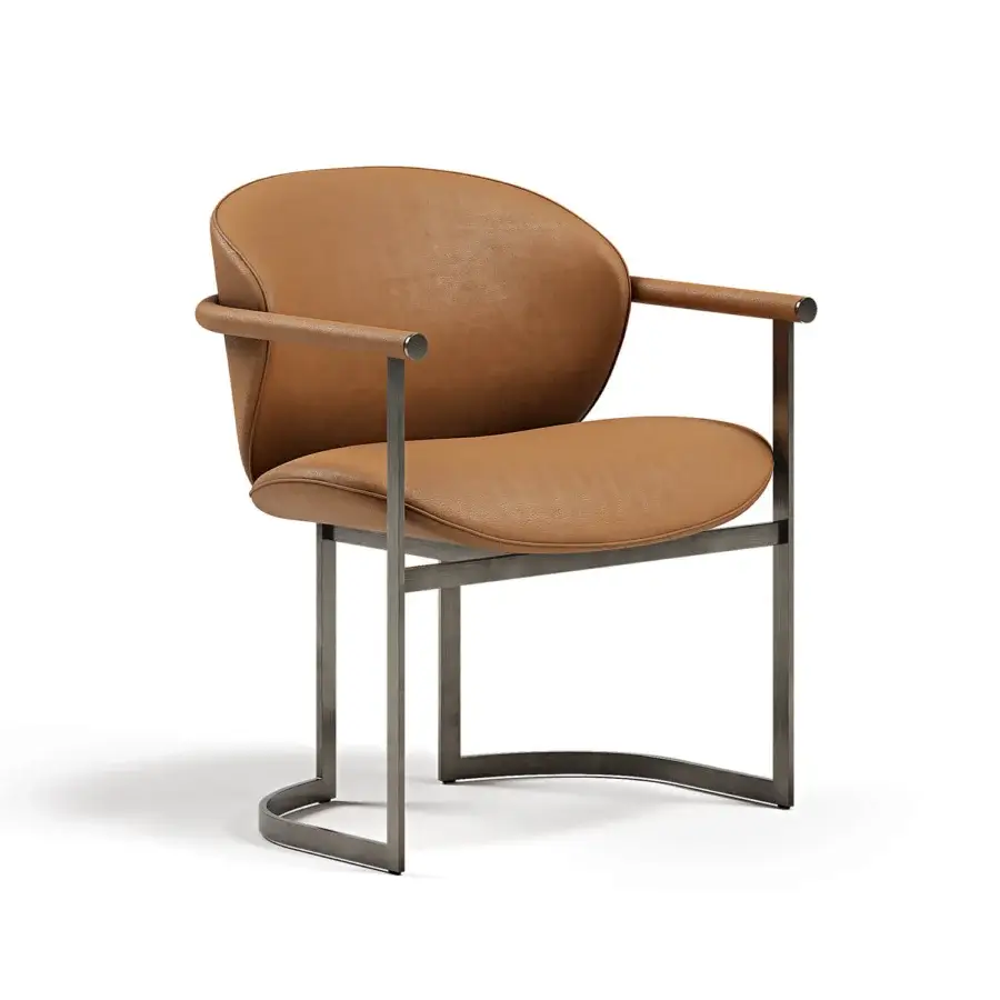 Distinguished Capital Flora armchair with enveloping design, warm brown leather upholstery and galvanic aluminum structure
