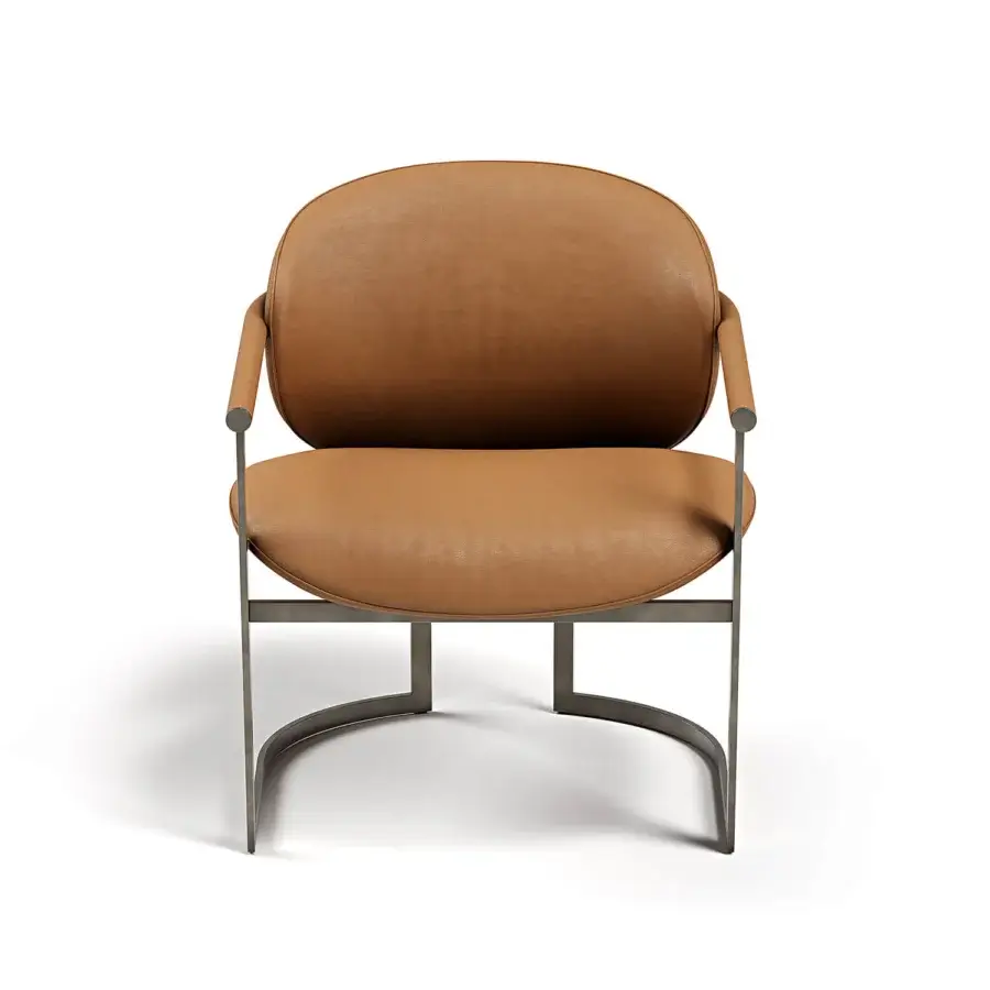 Exceptional Capital Flora armchair with soft sinuous form, warm earthy-brown textile upholstery and galvanic aluminum structure