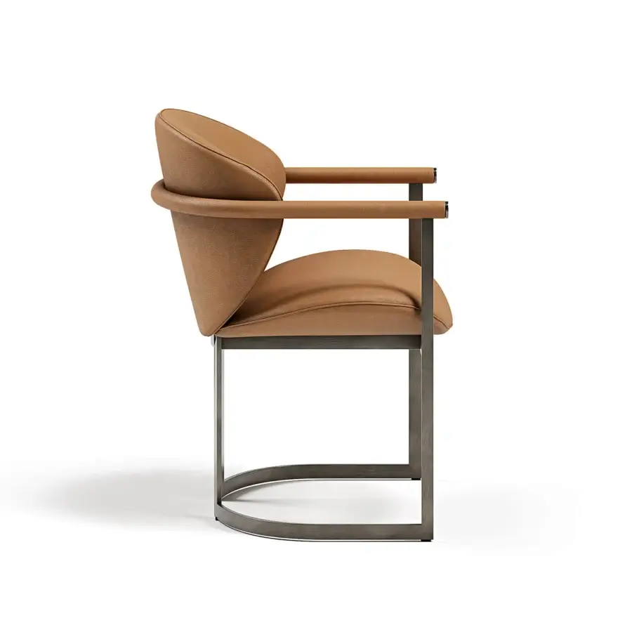 Elegant Capital Flora armchair with enveloping design, warm medium-brown polyurethane composite upholstery and galvanic aluminum structure