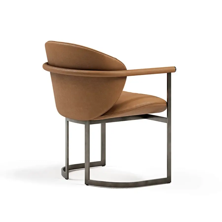 Distinguished Capital Flora armchair with soft sinuous curves and warm medium-brown leather upholstery built with a galvanic aluminum structure