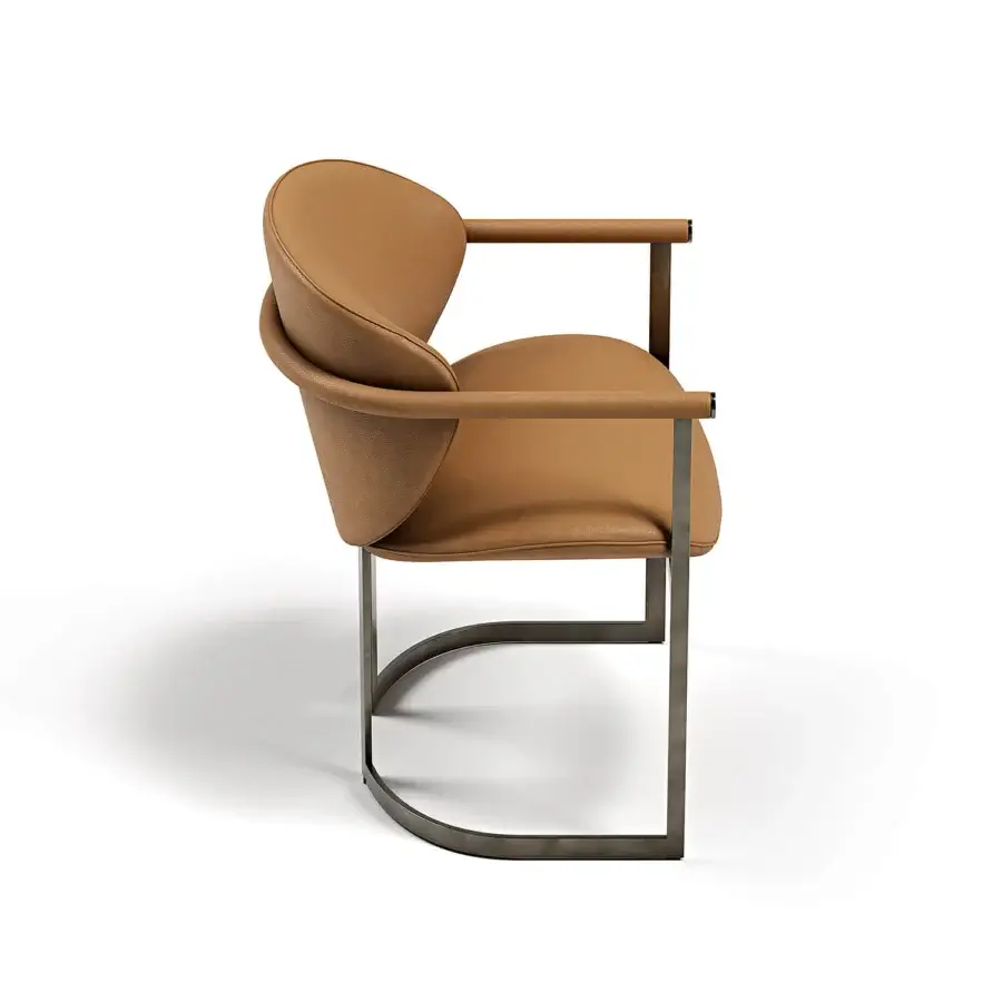 Superior Capital Flora armchair with enveloping design, warm medium-brown polyurethane composite upholstery and sleek galvanic aluminum structure