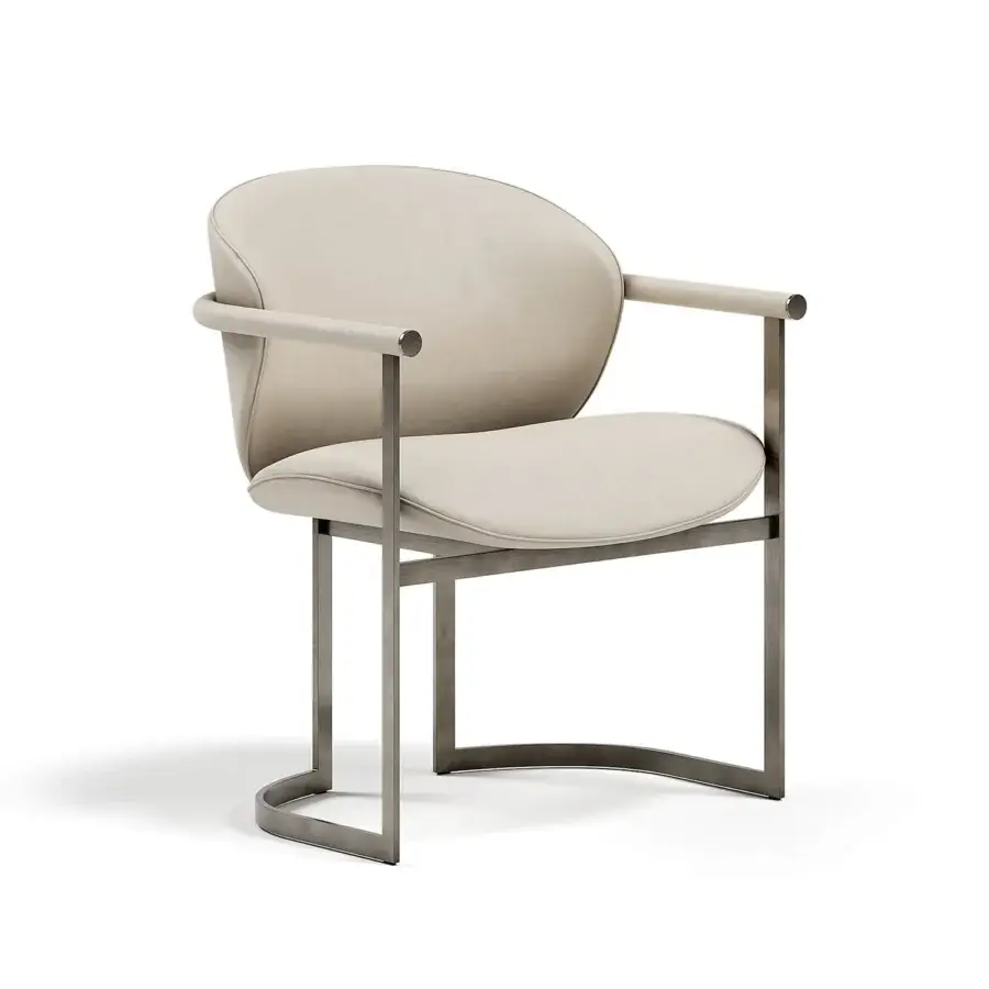 Exceptional Capital Flora armchair with enveloping design, light beige polyurethane composite upholstery and galvanic aluminum structure