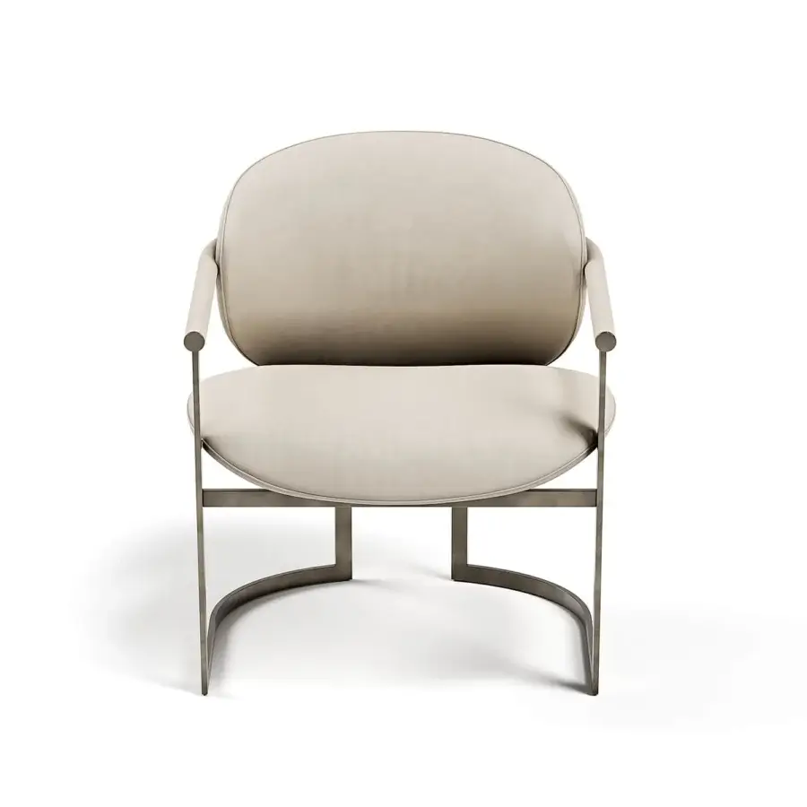 Distinguished Capital Flora armchair with enveloping design, neutral beige polyurethane composite upholstery and galvanic aluminum structure
