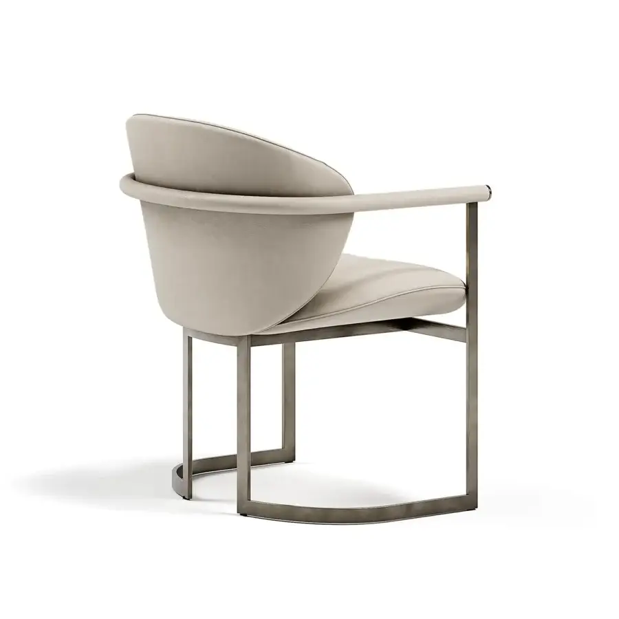 Exceptional Capital Flora armchair with sinuous shapes, smooth matte beige textile upholstery and galvanic aluminum structure