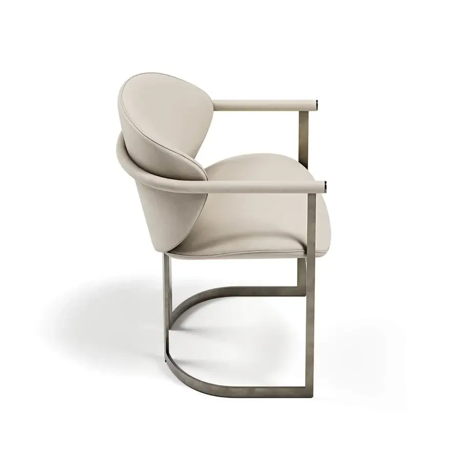 Lavish Capital Flora armchair with graceful curves, light beige textile upholstery and galvanic aluminum structure crafted in Italy