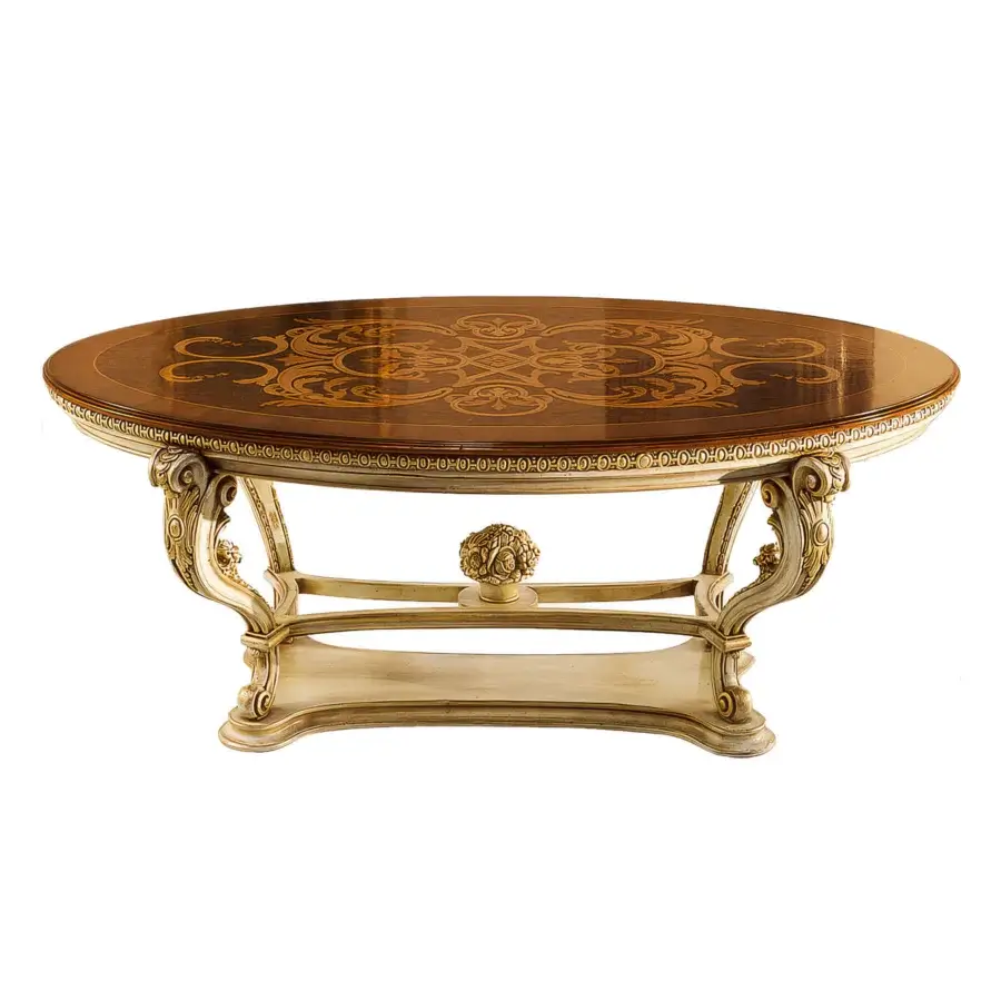 Distinguished Faber Mobili Pumpkin table with Persian walnut burl tabletop, creamy off-white carved base and glossy finish