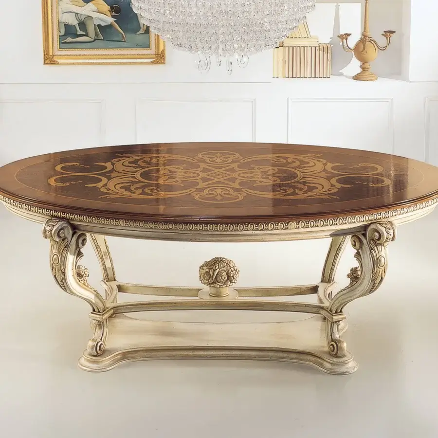 Superior Faber Mobili Pumpkin table with Persian walnut burl tabletop and intricately carved, gold-toned base