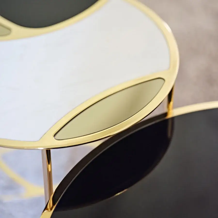Superior Black Tie Nilo coffee table built with marble, back-lacquered glass, and mirror surfaces in contrasting black and white with gold-toned accents