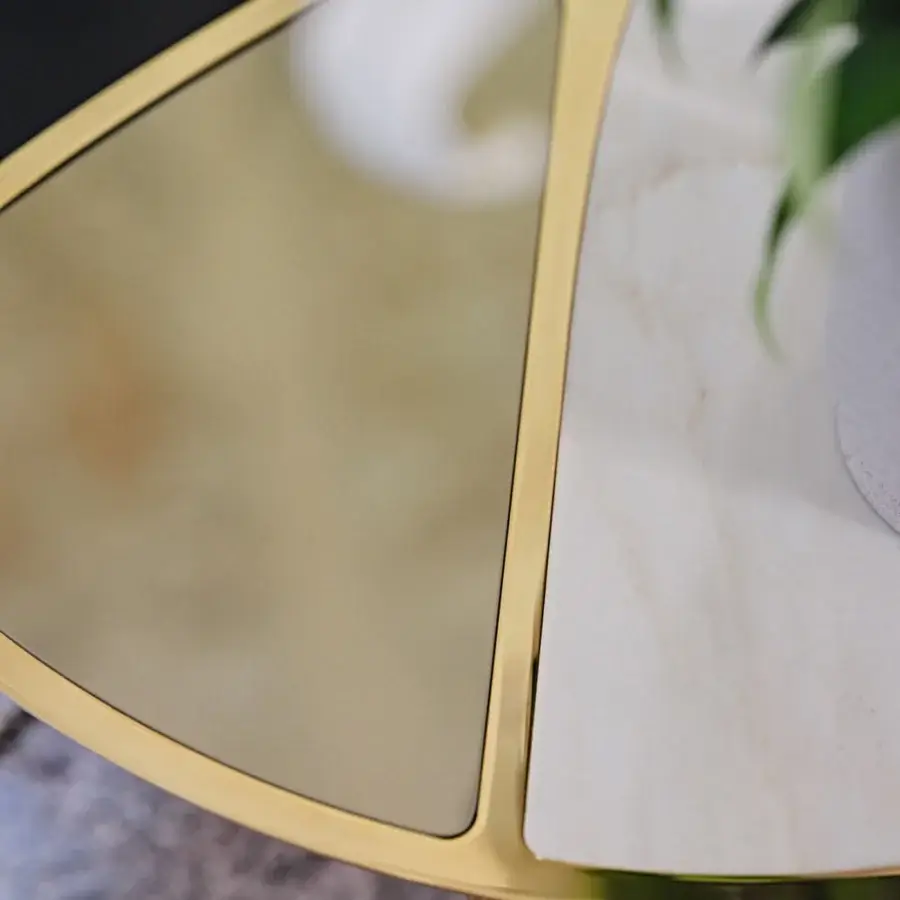 Elegant Black Tie Nilo coffee table crafted with white marble, golden glass, and polished brass-colored metal frame