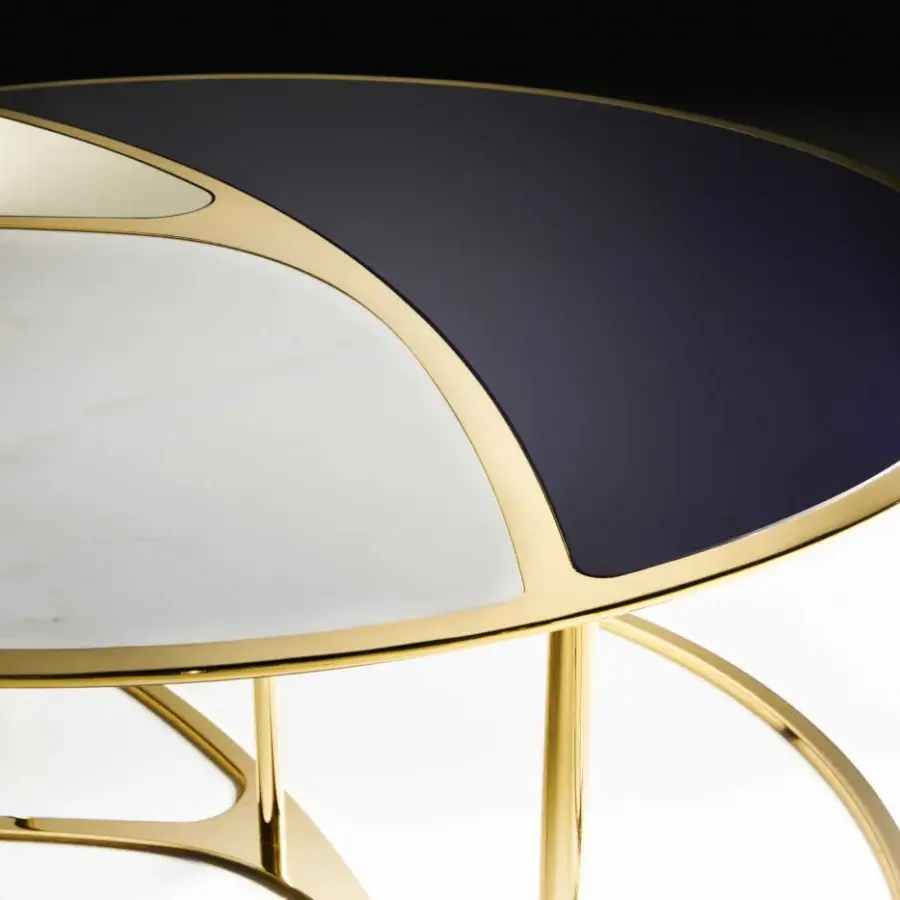 Exceptional Black Tie Nilo coffee table crafted with white marble, blue gradient glass, and polished gold-toned metal base