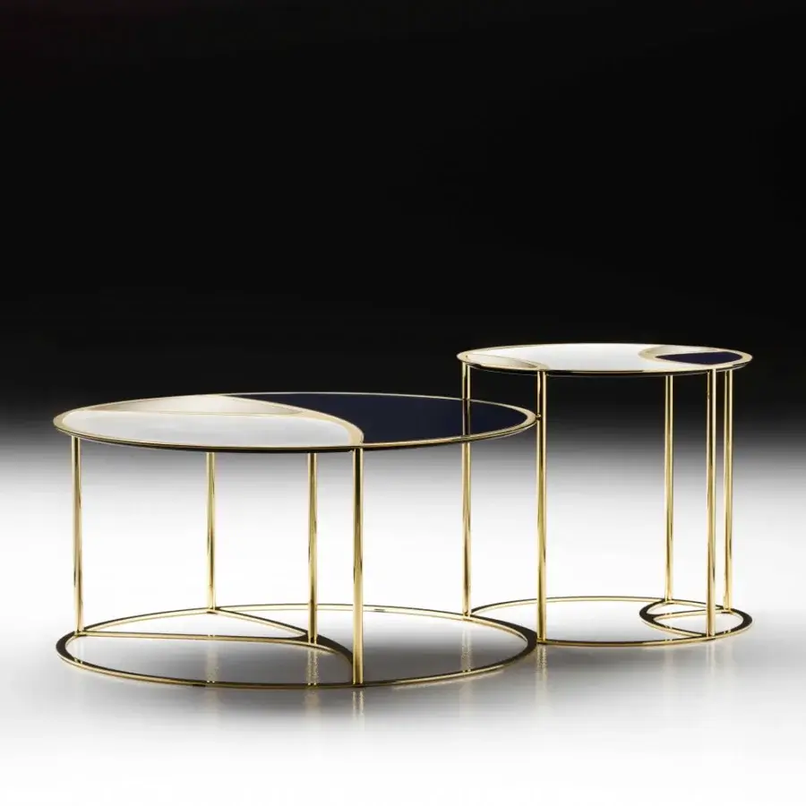 Distinguished Black Tie Nilo coffee table with a laser-cut gold base and bi-color marble, glass, mirror tabletop