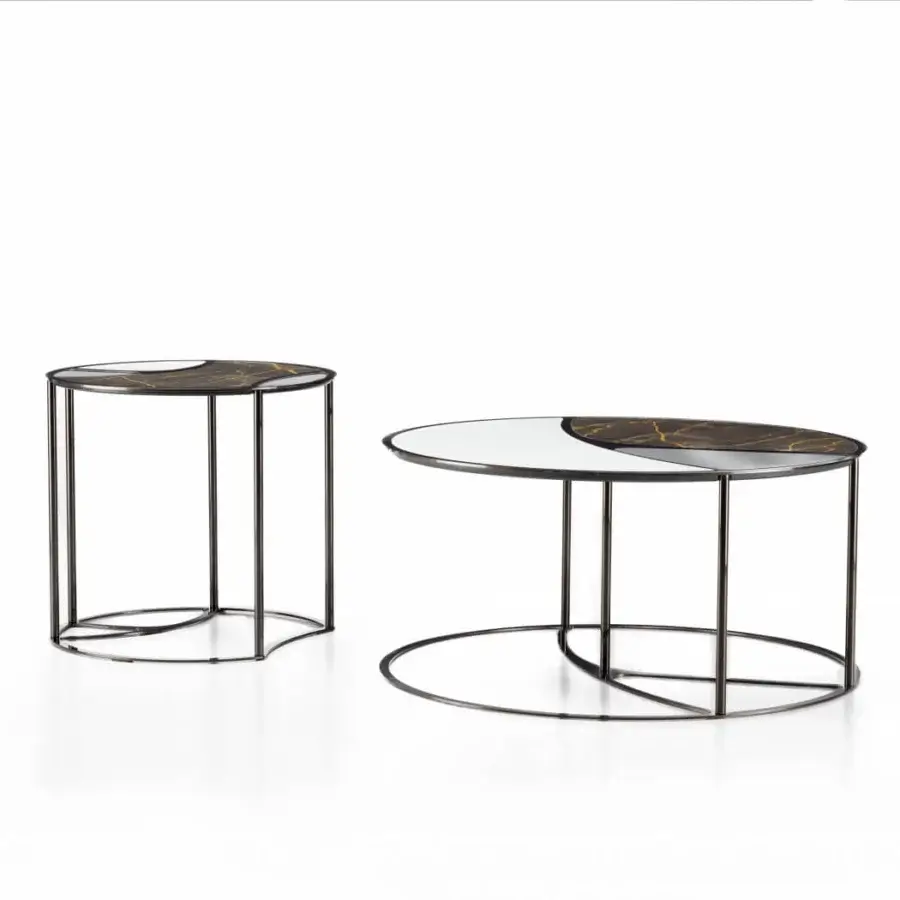 Elegant Black Tie Nilo coffee table with dark polished marble and slender matte golden metal structure