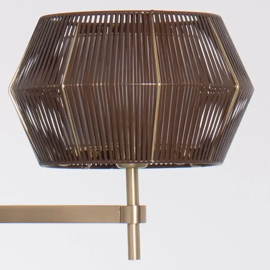 Exceptional Patrizia Garganti Novecento lamp crafted in brown eco leather with a satin brass-toned metal arm and striated slats