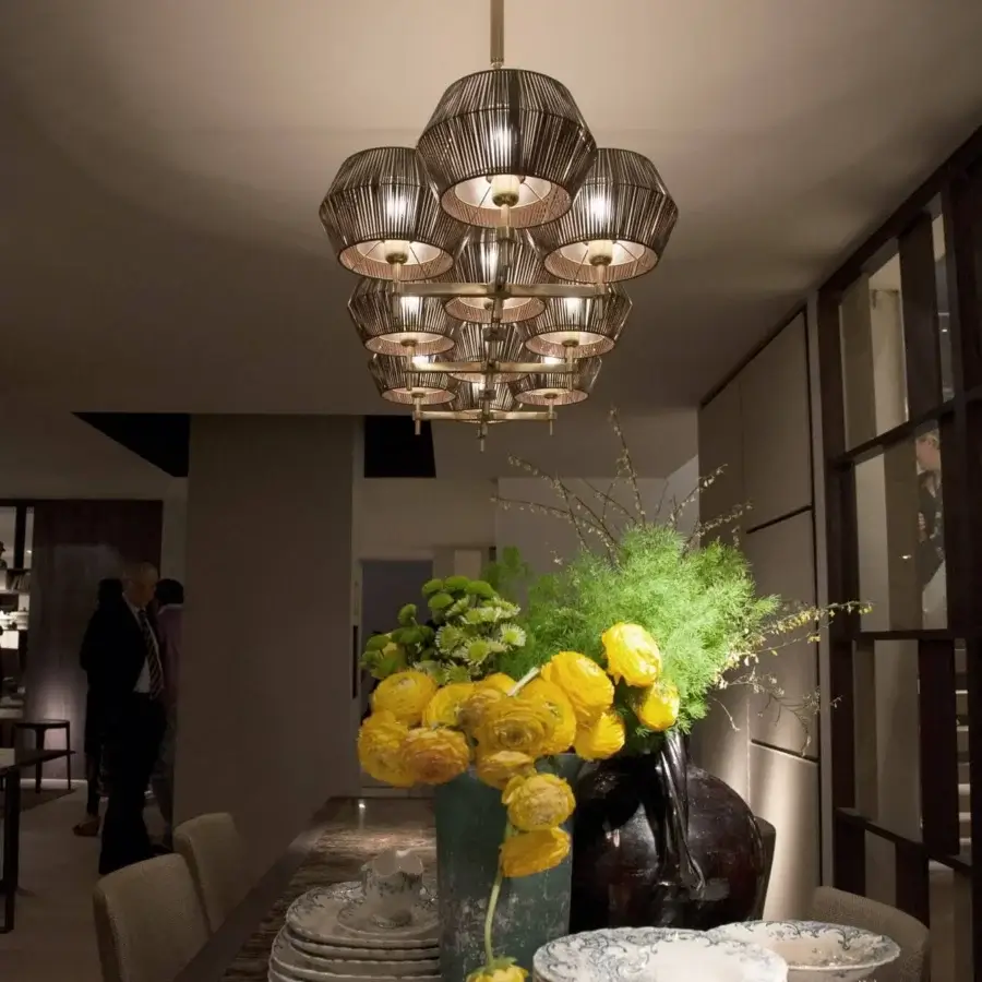 Elegant Patrizia Garganti Novecento lamp with woven shades and satin-finish metal framework crafted in Italy