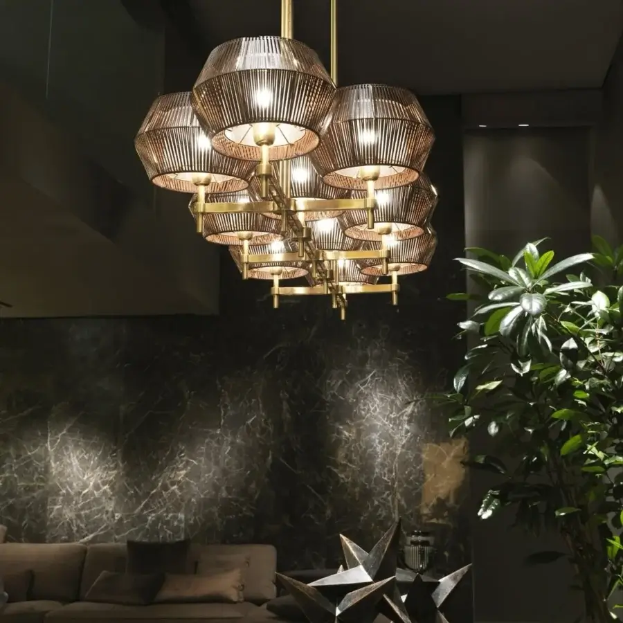 Exceptional Patrizia Garganti Novecento lamp crafted in textured metal with a warm gold satin finish and cascading linear patterns