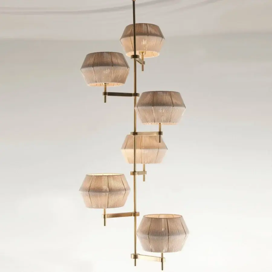 Elegant Patrizia Garganti Novecento suspension lamp with satin brass finish and ribbed glass shades