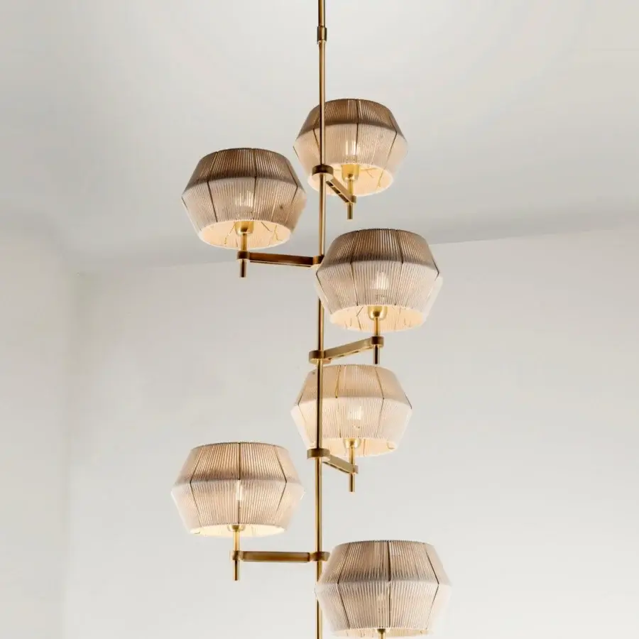Distinguished Patrizia Garganti Novecento suspension lamp in gold-toned metal with pleated pale beige textile shades and satin brass finish