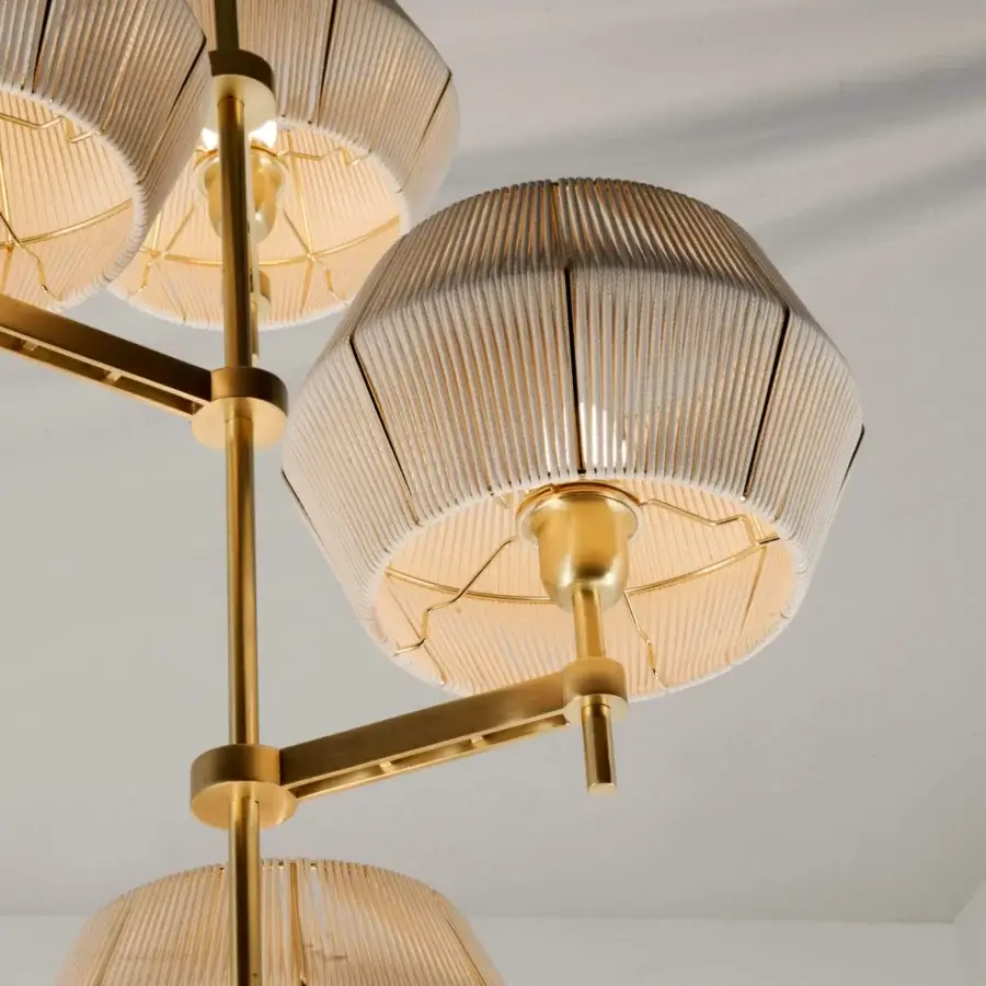 Superior Patrizia Garganti Novecento vertical suspension lamp in satin gold-toned metal with translucent ribbed shades