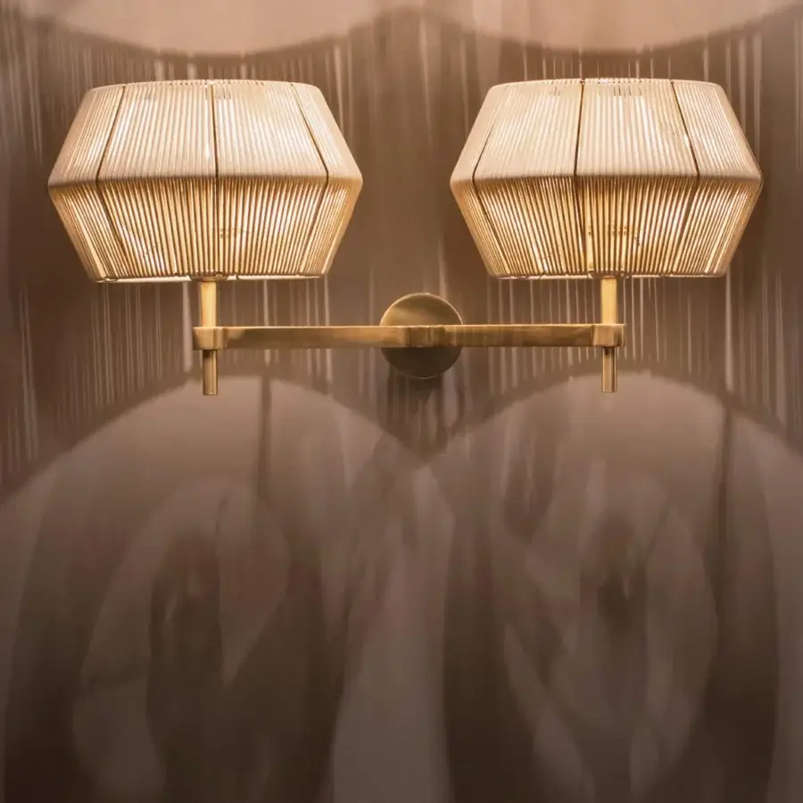 Architectural Patrizia Garganti Novecento wall lamp with white string lampshade and brass-like finish