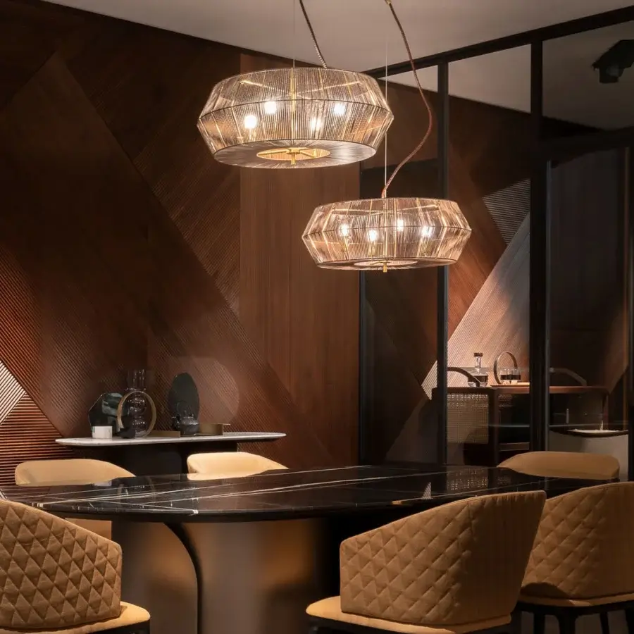 Distinguished Patrizia Garganti Novecento suspension lamp with geometric metal cage and refined leather cable in warm gold finish