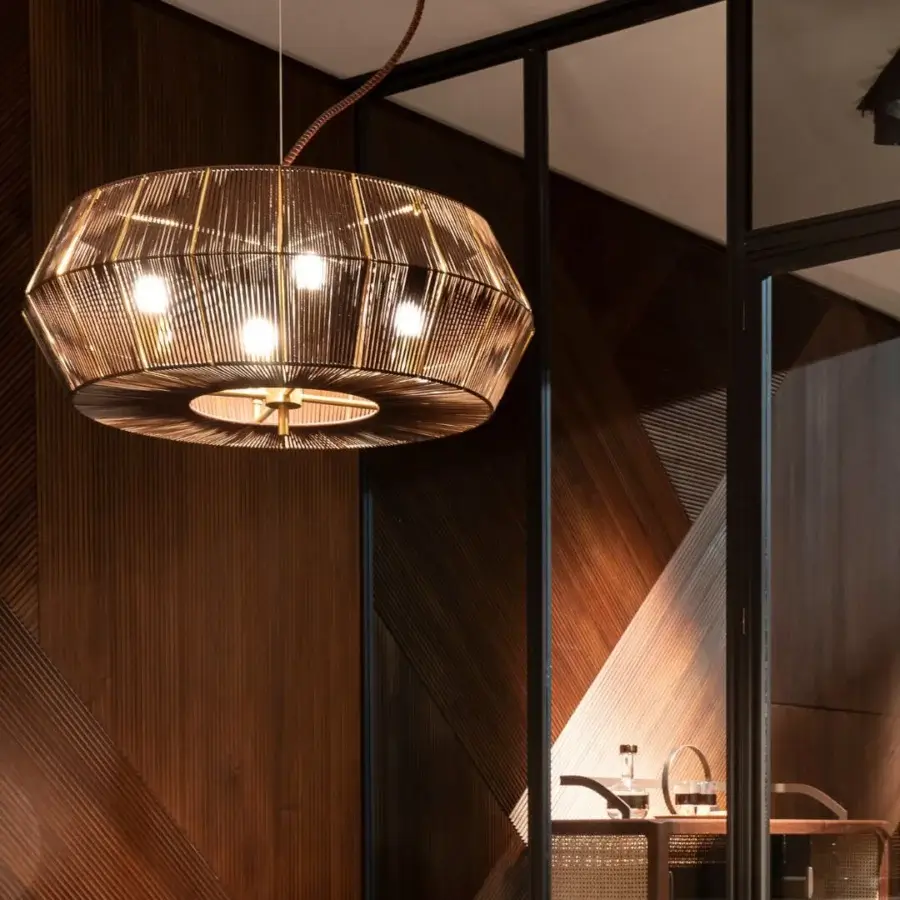 Exceptional Patrizia Garganti Novecento suspension lamp with woven golden-bronze metal and matching leather cable crafted in Italy
