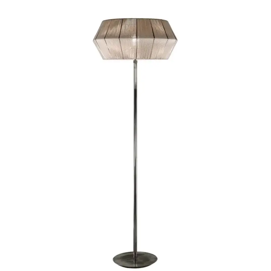 Elegant Patrizia Garganti Novecento floor lamp with textured light brown eco leather lampshade and polished silver-toned metal stem