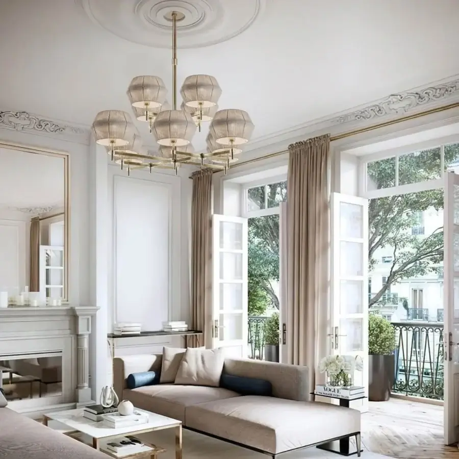 Exceptional Patrizia Garganti Novecento suspension lamp with white string lampshade and gold-toned metal support structure