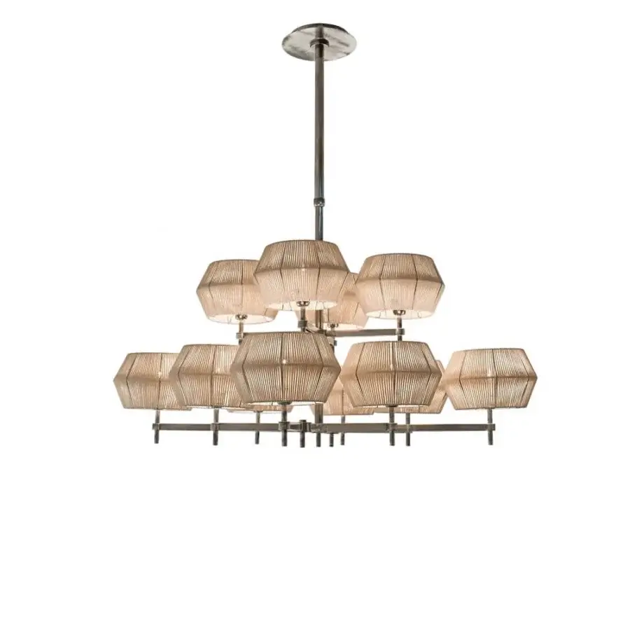 Superior Patrizia Garganti Novecento suspension lamp with warm beige textile lampshade and satin-finish metal framework