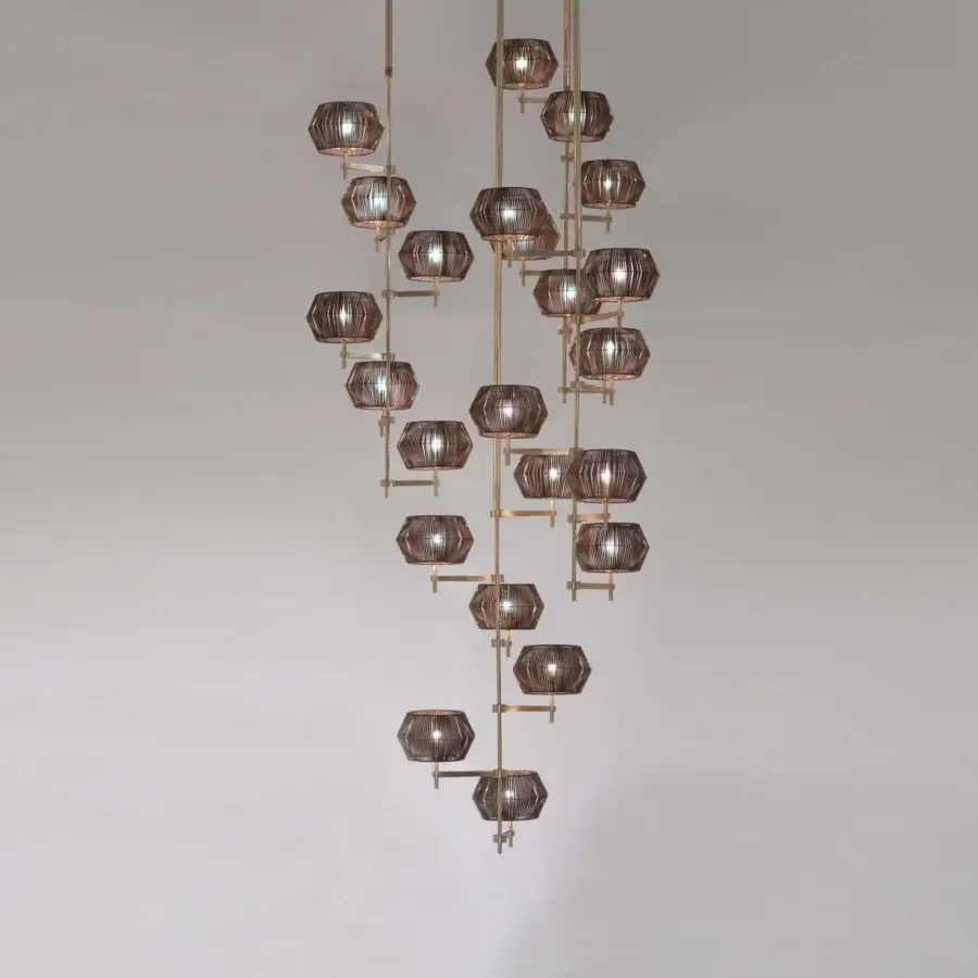 Captivating Patrizia Garganti Novecento EX01 chandelier with woven cage structures and warm gold-toned metal crafted with eco leather or white string shades
