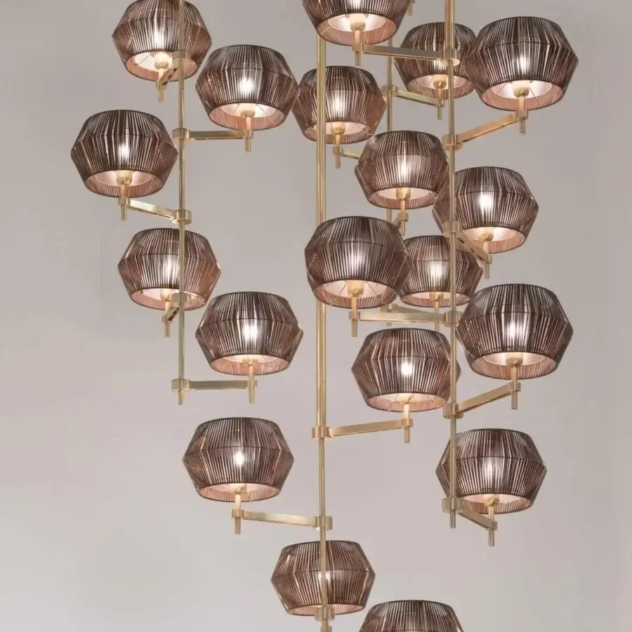 Distinguished Patrizia Garganti Novecento EX01 chandelier with twenty-four light sources in brownish-rose translucent material and satin brass finish