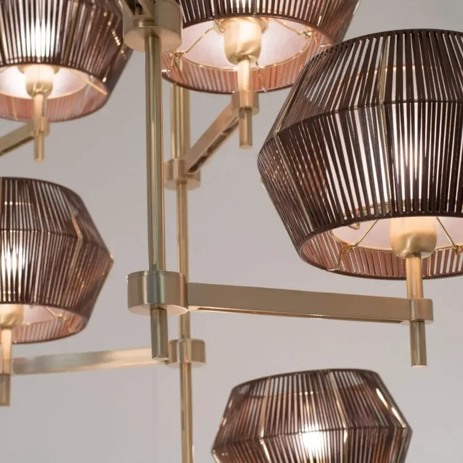 Architectural Patrizia Garganti Novecento EX01 chandelier with twenty-four light sources in reddish-brown eco leather and satin metal with golden accents