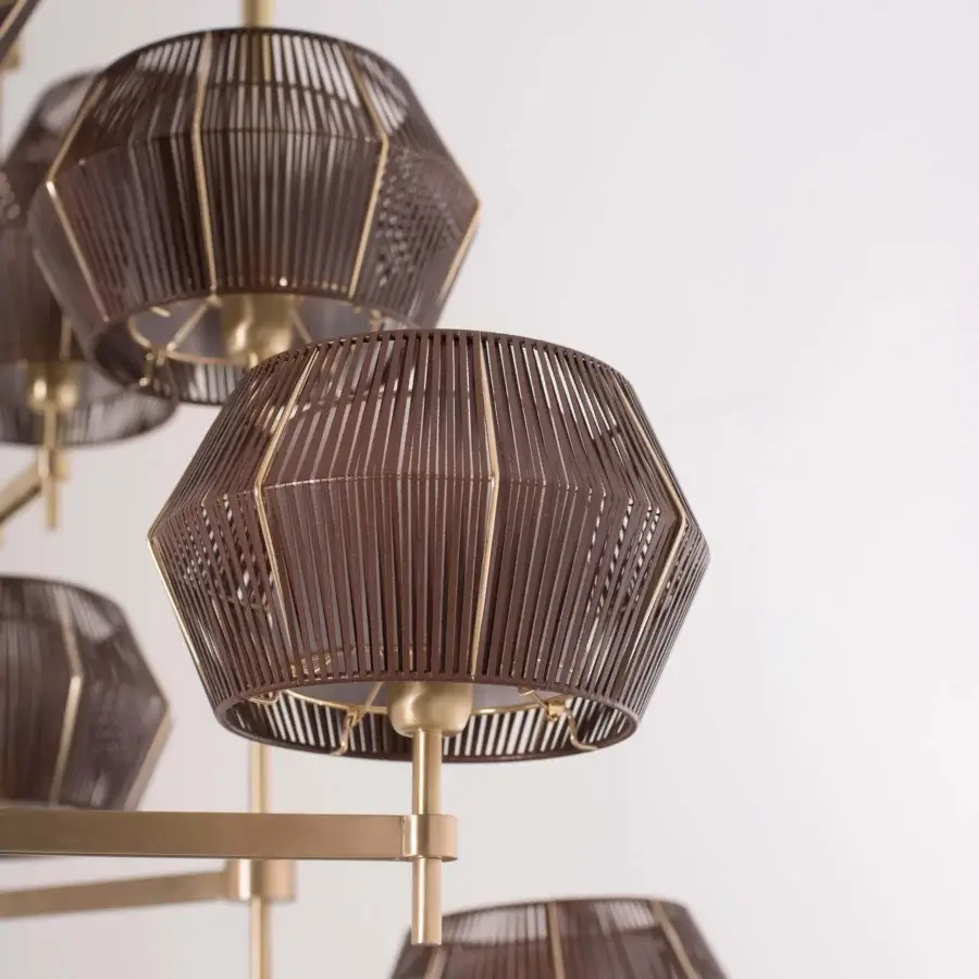 Superior Patrizia Garganti Novecento EX01 chandelier with sculptural shades in dark brown eco leather and satin gold-tone metal frame