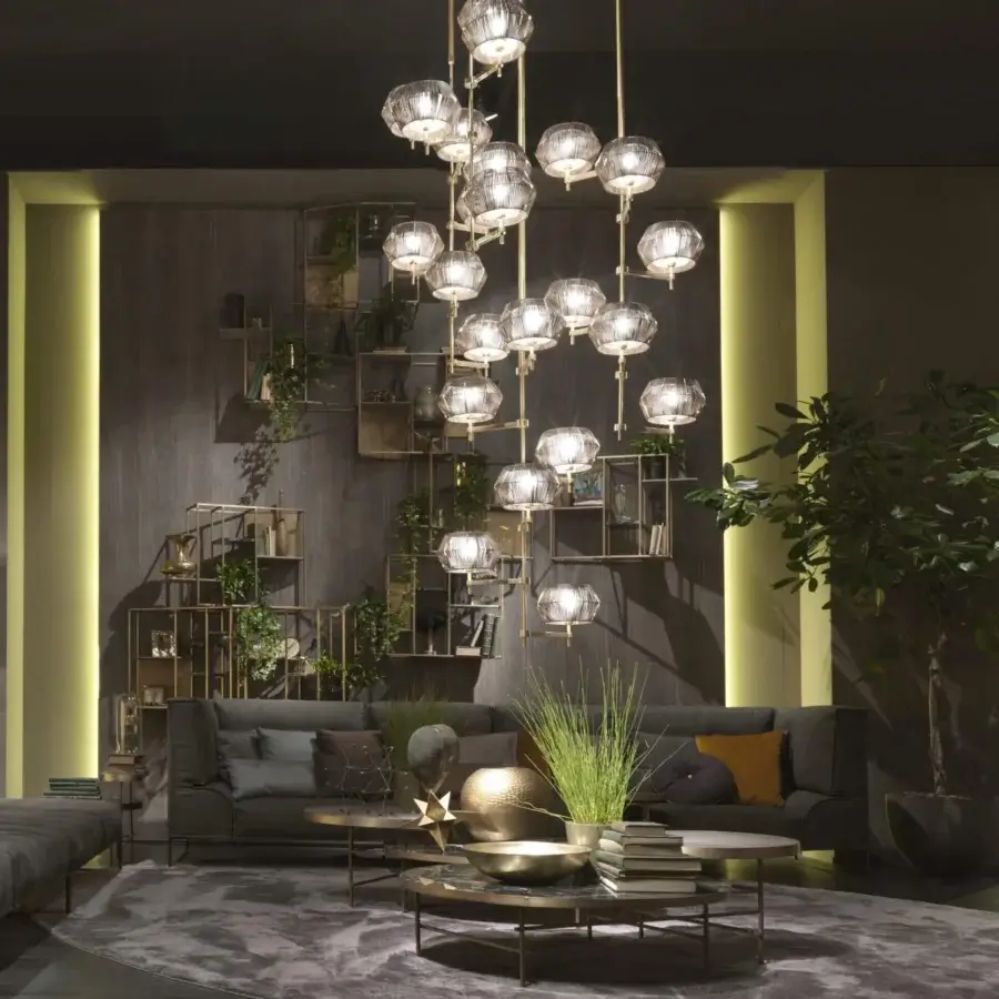Distinguished Patrizia Garganti Novecento EX01 chandelier with twenty-four light sources in warm white string and satin gold-toned metal finish