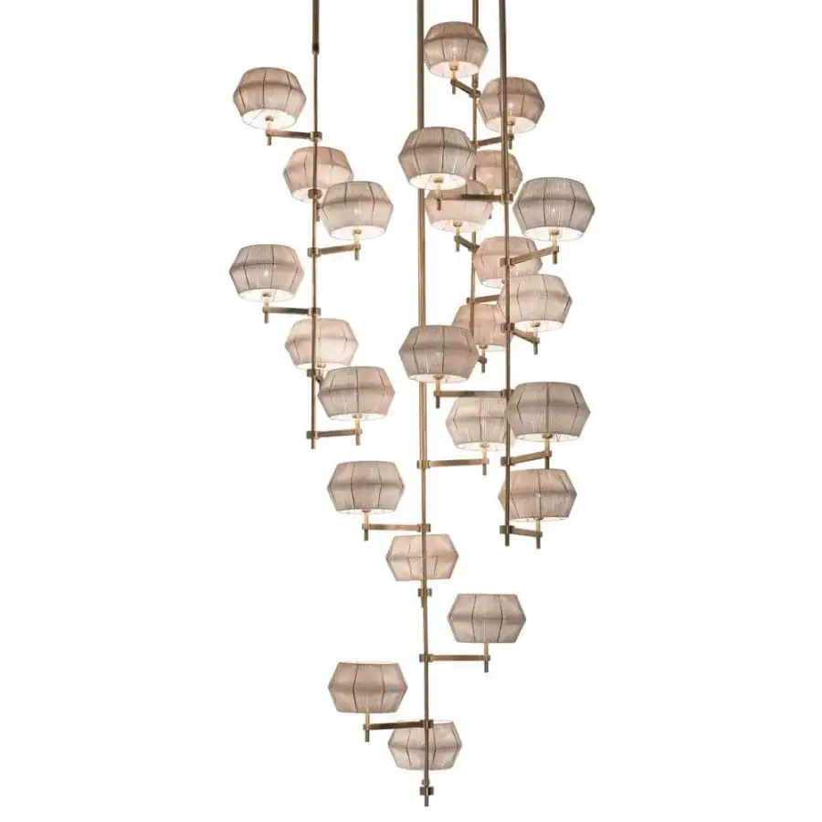 Lavish Patrizia Garganti Novecento EX01 chandelier with twenty-four light sources within rosy shades and warm gold satin metal frame