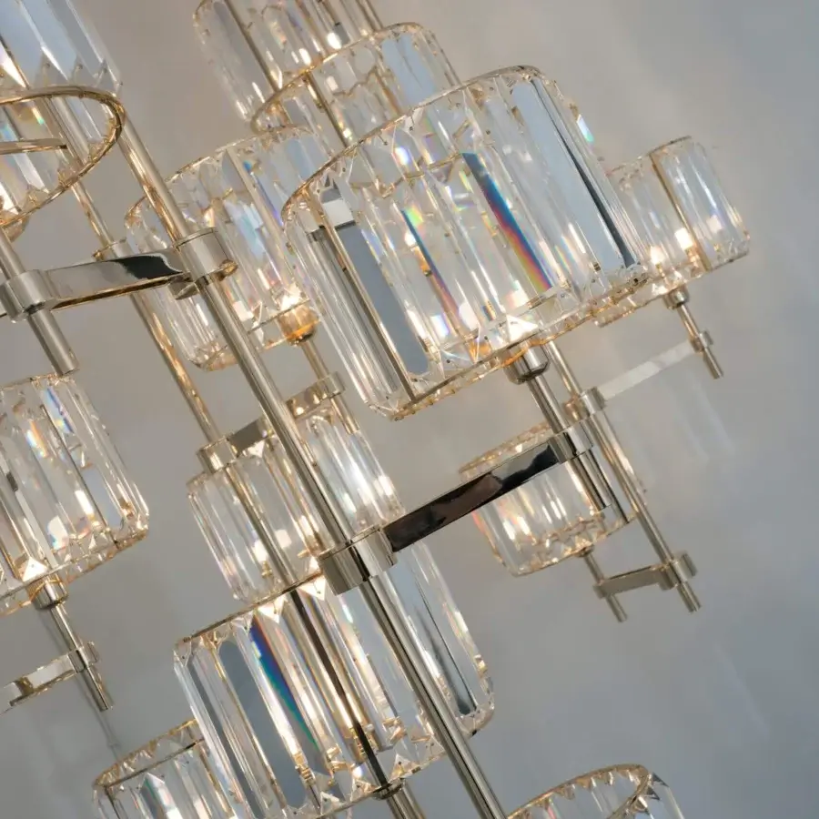 Exclusive Patrizia Garganti Novecento EX04 chandelier crafted in polished metal with clear cut crystal modules and brilliant prismatic glass