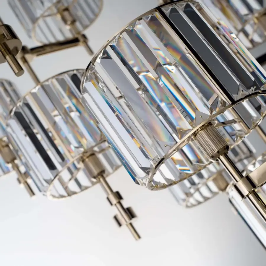 Distinguished Patrizia Garganti Novecento EX04 chandelier with cascading clear cut crystal and polished gold metallic structure