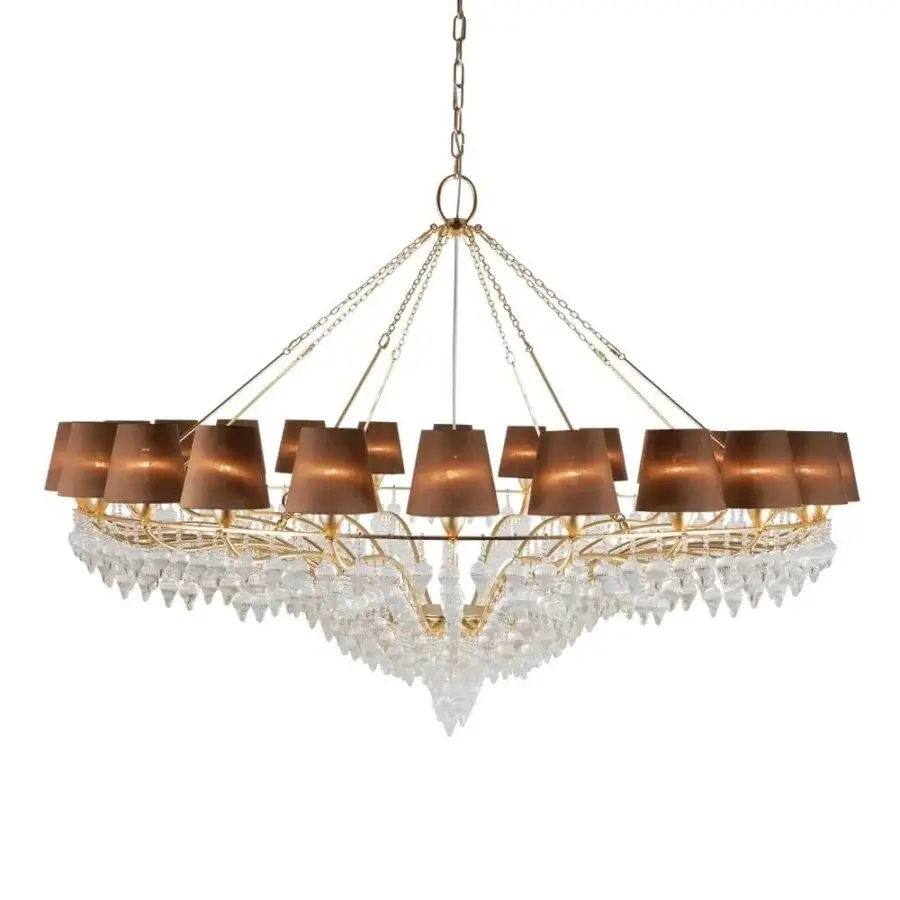 Lavish Patrizia Garganti Ophelia chandelier crafted in gold-tone metal with clear crystal prisms offering a balanced, luminous silhouette