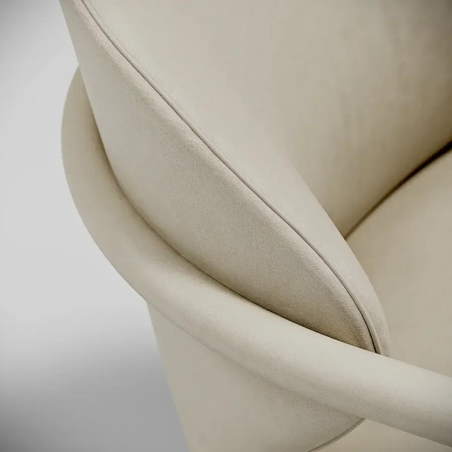 Distinguished Capital Flora lounge chair upholstered in pale beige textile with a smooth galvanic aluminum structure