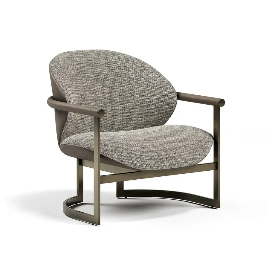 Exceptional Capital Flora lounge chair with textured speckled gray textile upholstery and tubular leather armrests built with a galvanic aluminum structure