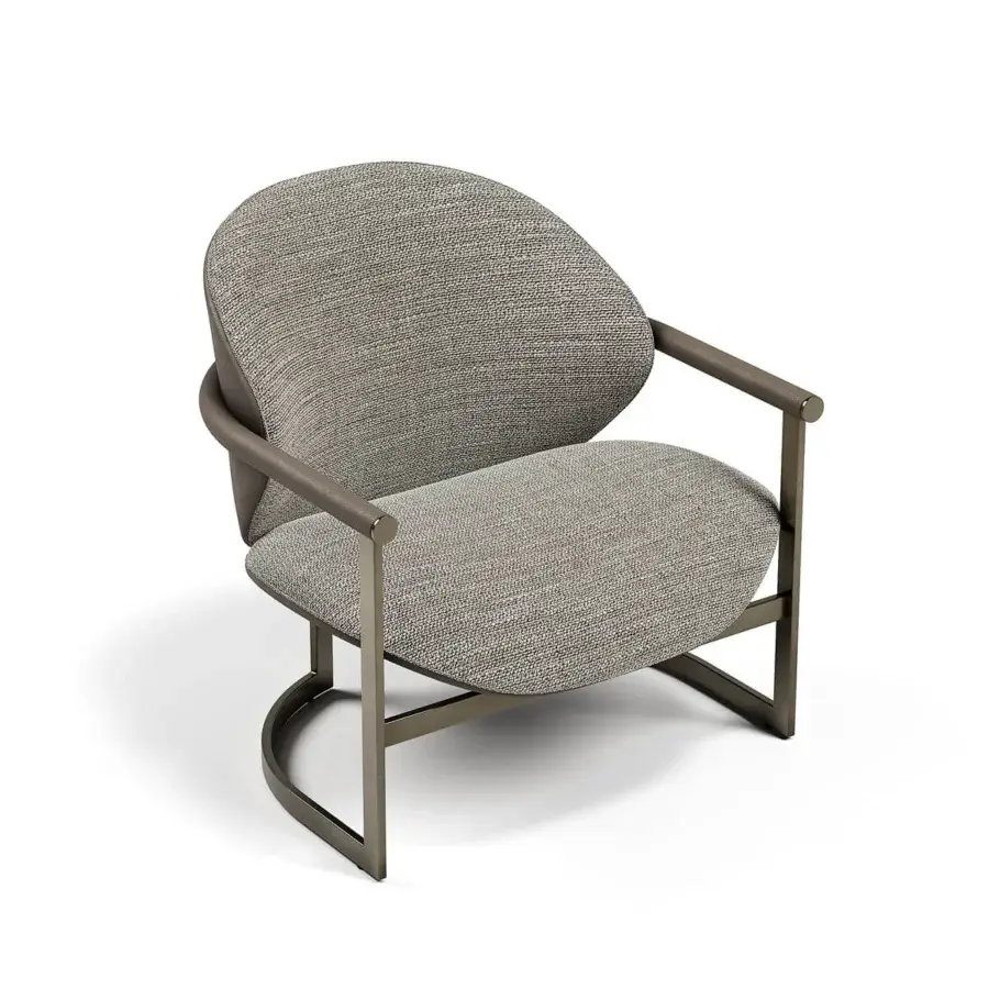 Exceptional Capital Flora lounge chair in textured speckled gray textile with tubular leather armrests and galvanic aluminum structure