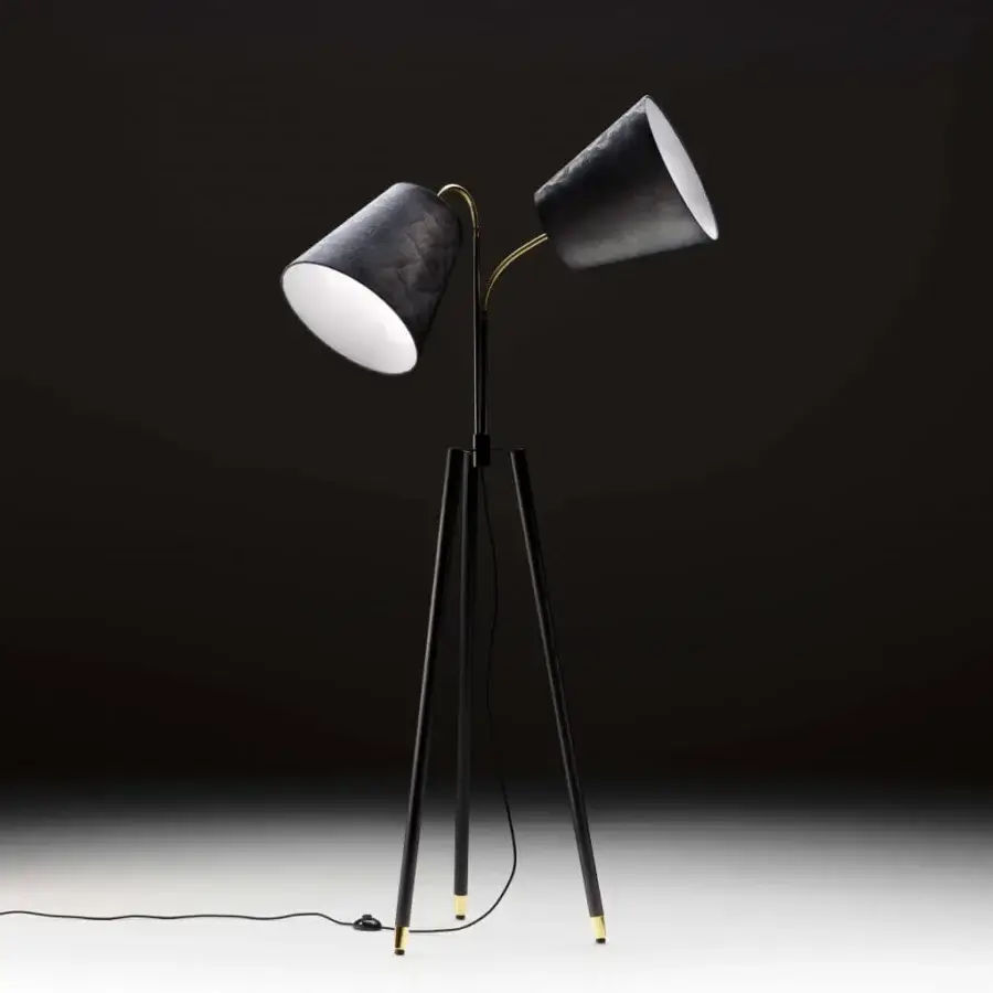 Distinguished Black Tie Bell floor lamp with a solid ash wood tripod base and matte black metal frame upholstered in dark textured fabric