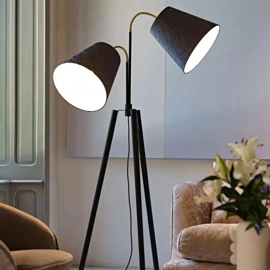 Elegant Black Tie Bell floor lamp with adjustable lampshades upholstered in refined fabrics and a solid ash wood tripod base