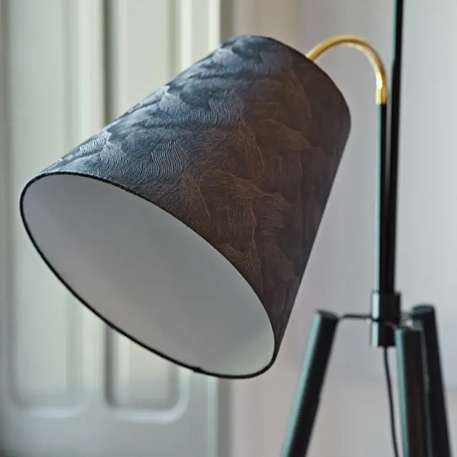Distinguished Black Tie Bell floor lamp with dark navy patterned fabric lampshade and solid ash wood tripod base