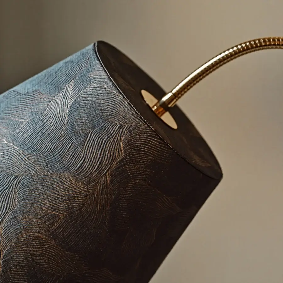 Superior Black Tie Bell floor lamp with swirling blue-grey fabric lampshade and bronze accents built with a solid ash wood tripod base