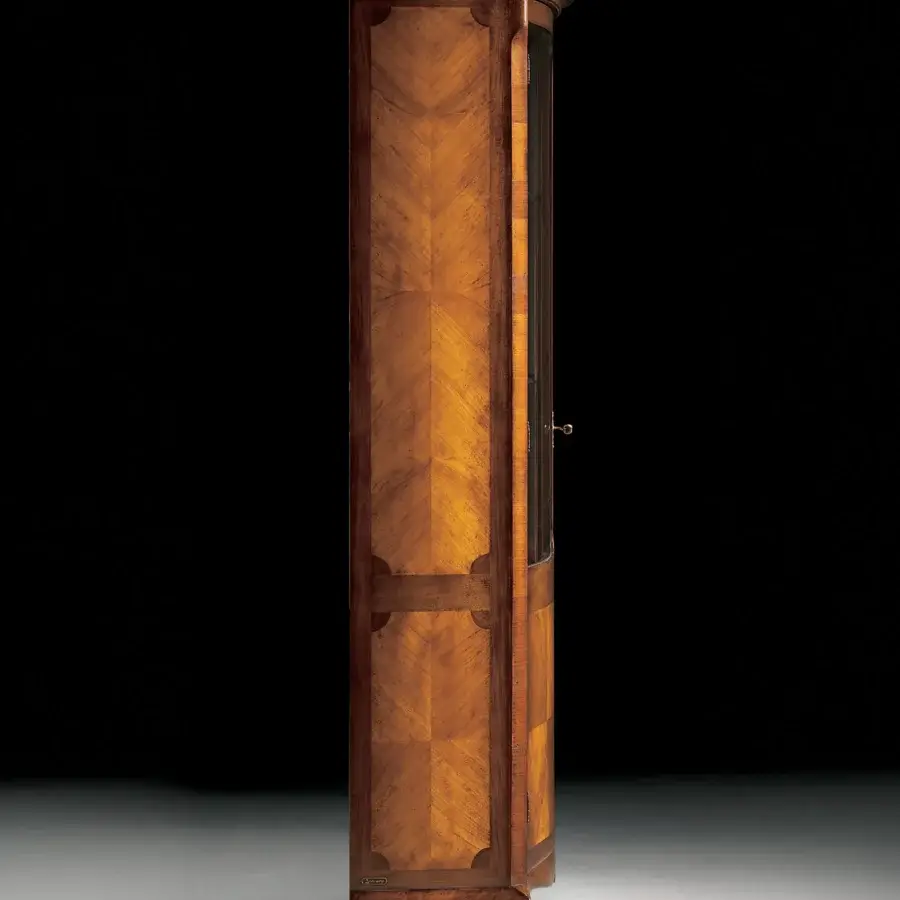 Elegant Faber Mobili Correggio showcase crafted with walnut and cherry wood in a satin finish and antiqued brass hardware